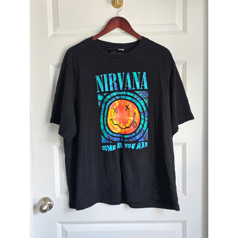 HM Nirvana Come As You Are Graphic T-Shirt Black Tie Dye Smiley Face 3XL Mens